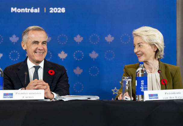 October 29, 2026, Montreal, Pq, CANADA: President of the European Commission Ursula von der Leyen, right, gives remarks alongside Prime Minister Mark Carney at a roundtable with business leaders during the Canada-EU Summit, in Montreal, on Thursday, Oct. 29, 2026. Montreal CANADA - ZUMAc35_ 20261029_zaf_c35_121 Copyright: xChristopherxKatsarovx