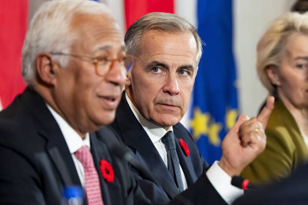October 29, 2026, Montreal, Pq, CANADA: Prime Minister Mark Carney, right, looks on as President of the European Council Antonio Costa, gives remarks at a roundtable with business leaders during the Canada-EU Summit, in Montreal, on Thursday, Oct. 29, 2026. Montreal CANADA - ZUMAc35_ 20261029_zaf_c35_122 Copyright: xChristopherxKatsarovx