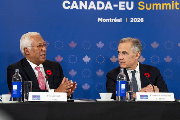 October 29, 2026, Montreal, Pq, CANADA: President of the European Council Antonio Costa, left, gives remarks alongside Prime Minister Mark Carney, at a roundtable with business leaders during the Canada-EU Summit, in Montreal, on Thursday, Oct. 29, 2026. Montreal CANADA - ZUMAc35_ 20261029_zaf_c35_123 Copyright: xChristopherxKatsarovx