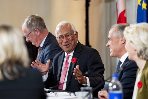 October 29, 2026, Montreal, Pq, CANADA: President of the European Council Antonio Costa, centre, gives remarks alongside Prime Minister Mark Carney, and President of the European Commission Ursula von der Leyen, right, at a roundtable with business leaders during the Canada-EU Summit, in Montreal, on Thursday, Oct. 29, 2026. Montreal CANADA - ZUMAc35_ 20261029_zaf_c35_124 Copyright: xChristopherxKatsarovx