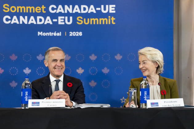 October 29, 2026, Montreal, Pq, CANADA: President of the European Commission Ursula von der Leyen, right, gives remarks alongside Prime Minister Mark Carney at a roundtable with business leaders during the Canada-EU Summit, in Montreal, on Thursday, Oct. 29, 2026. Montreal CANADA - ZUMAc35_ 20261029_zaf_c35_125 Copyright: xChristopherxKatsarovx
