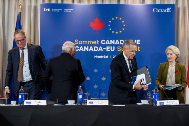 October 29, 2026, Montreal, Pq, CANADA: European Commission s Special Envoy for the EU-Canada, Joost Korte, from left, President of the European Council Antonio Costa, Prime Minister Mark Carney and President of the European Commission Ursula von der Leyen exit after attending a roundtable with business leaders during the Canada-EU Summit, in Montreal, on Thursday, Oct. 29, 2026. Montreal CANADA - ZUMAc35_ 20261029_zaf_c35_129 Copyright: xChristopherxKatsarovx