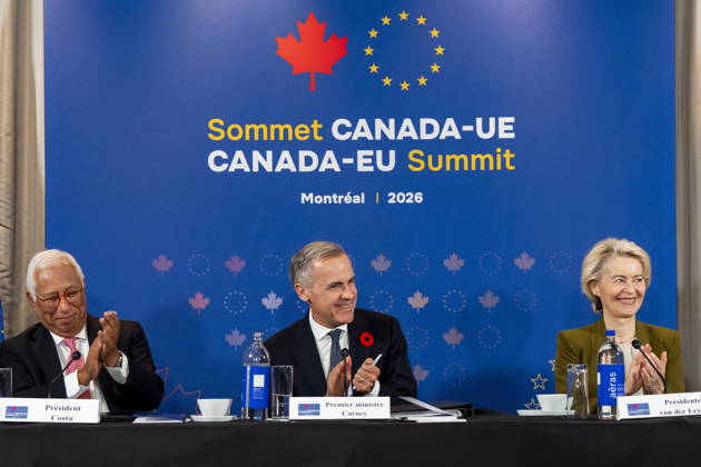 October 29, 2026, Montreal, Pq, CANADA: Prime Minister Mark Carney, centre, gives remarks alongside President of the European Council Antonio Costa, left, and President of the European Commission Ursula von der Leyen, at a roundtable with business leaders during the Canada-EU Summit, in Montreal, on Thursday, Oct. 29, 2026. Montreal CANADA - ZUMAc35_ 20261029_zaf_c35_127 Copyright: xChristopherxKatsarovx