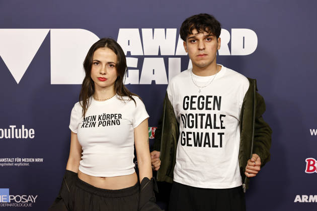 Activist Theresia Crones, accompanied by others, made a statement against digital violence—wearing a T-shirt that read My Body, Not Porn to take a stand against digital violence at the 2025 VideoDays Festival Awards ceremony at the E Werk. As a 21-yea Copyright: xChristophxHardtx