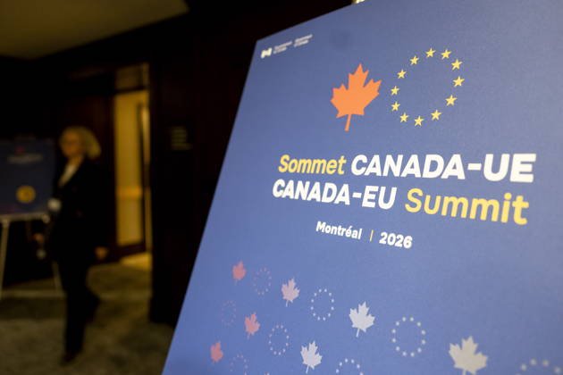 October 29, 2026, Montreal, Pq, CANADA: Signage for the Canada-EU summit, in Montreal, is seen on Thursday, Oct. 29, 2026. Montreal CANADA  - ZUMAc35_ 20261029_zaf_c35_148 Copyright: xChristopherxKatsarovx