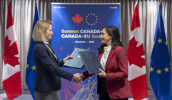 October 29, 2026, Montreal, Pq, CANADA: Minister of Foreign Affairs Anita Anand, right and High Representative of the European Union for Foreign Affairs and Security Policy Kaja Kallas shake hands after signing the Canada-EU Host Country Agreement in Montreal on Thursday, Oct. 29, 2026. Montreal CANADA  - ZUMAc35_ 20261029_zaf_c35_180 Copyright: xChristinnexMuschix