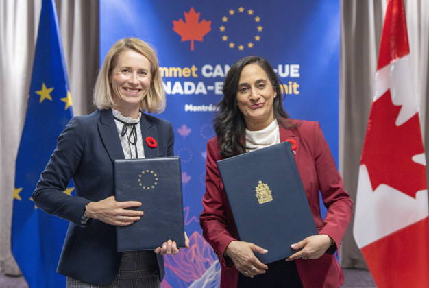 October 29, 2026, Montreal, Pq, CANADA: Minister of Foreign Affairs Anita Anand, right and High Representative of the European Union for Foreign Affairs and Security Policy Kaja Kallas pose after signing the Canada-EU Host Country Agreement in Montreal on Thursday, Oct. 29, 2026. Montreal CANADA  - ZUMAc35_ 20261029_zaf_c35_182 Copyright: xChristinnexMuschix