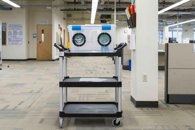 October 29, 2026, Renton, Washington, USA: A sealed glove box used to safely contain suspicious envelopes stands on a cart at the King County Elections office in Renton, Washington, USA, on Thu., Oct. 29, 2026. Approximately 98% of votes cast in Washington state are mail-in ballots. Renton USA - ZUMAb344 20261029_znp_b344_031 Copyright: xM.xScottxBrauerx
