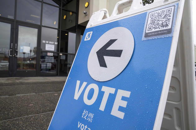October 29, 2026, Renton, Washington, USA: A King County Elections sign reading Vote points toward the Elections office in Renton, Washington, USA, on Thu., Oct. 29, 2026. Approximately 98% of votes cast in Washington state are mail-in ballots. Renton USA - ZUMAb344 20261029_znp_b344_049 Copyright: xM.xScottxBrauerx