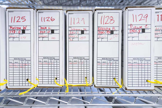 October 29, 2026, Renton, Washington, USA: Sealed boxes of scanned ballots stand on a shelf in a secure room as 2026 mid-term election ballots are opened and counted at the King County Elections office in Renton, Washington, USA, on Thu., Oct. 29, 2026. By state law, votes cannot be tabulated until after 9pm on election day, so the the ballots are only scanned at this point. Approximately 98% of votes cast in Washington state are mail-in ballots. Renton USA - ZUMAb344 20261029_znp_b344_050 Copyright: xM.xScottxBrauerx