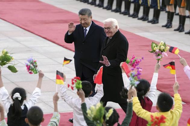 German president in Beijing German President Frank-Walter Steinmeier (R) attends a welcoming ceremony with Chinese President Xi Jinping at the Great Hall of the People in Beijing on Oct. 30, 2026.  A14AA0005632246P