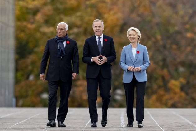 October 30, 2026, Montreal, Pq, CANADA: Prime Minister Mark Carney, centre, arrives for the EU-Canada summit with President of the European Council, Antonio Costa, left, and President of the European Commission, Ursula von der Leyen, in Montreal on Friday, Oct. 30, 2026. Montreal CANADA  - ZUMAc35_ 20261030_zaf_c35_013 Copyright: xChristopherxKatsarovx