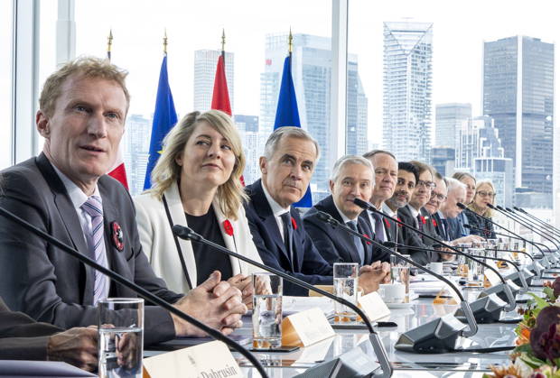 October 30, 2026, Montreal, Pq, CANADA: Canadian Identity and Culture Minister Marc Miller, from left to right, Industry Minister Melanie Joly, Prime Minister Mark Carney, Finance Minister Francois-Philippe Champagne and Defence Minister David McGuinty attend an expanded meeting with Canadian and European Union delegates during the EU-Canada summit in Montreal on Friday, Oct. 30, 2026. Montreal CANADA  - ZUMAc35_ 20261030_zaf_c35_023 Copyright: xChristinnexMuschix