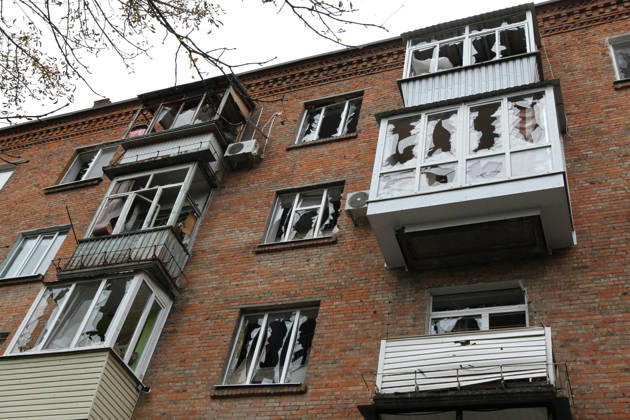 Windows in an apartment block on Oleksandra Polia Avenue are shattered by a Russian drone strike in Dnipro, Ukraine, on October 30, 2026. The Russian attack damaged at least five residential high-rise buildings and a school. More than 300 windows were shattered in the strike. (Photo by Mykola Miakshykov Ukrinform) Russian attack damages residential buildings and school in Dnipro  Copyright: xMykolaxMiakshykovx