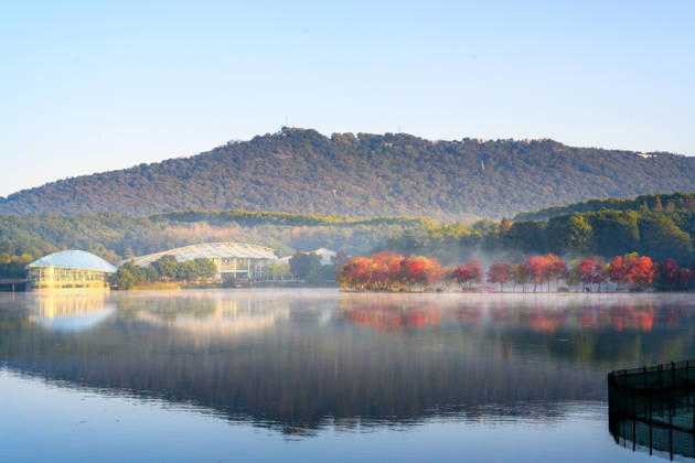 NANJING, CHINA - OCTOBER 31: Trees with interwoven colors and the quiet lake water form an autumn landscape under the morning mist at the Moon Crescent Dyke of Qianhu Lake in front of the Zhongshan Botanical Garden on October 31, 2026 in Nanjing, Jiangsu Province of China.  Copyright: xVCGx 111678300604