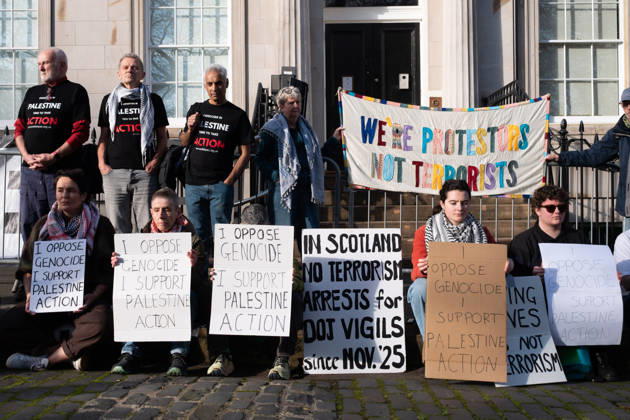 October 31, 2026, Edinburgh, Scotland, UK: Campaign group Defend Our Juries held a peaceful protest outside the U.S. Consulate in Edinburgh. Part of a wider coordinated action under the banner Lift The Ban, the demonstration took place ahead of a UK Supreme Court appeal against the proscription of Palestine Action, with organisers arguing that pressure from the Trump administration influenced the UK Governments decision to ban the group following an incident in which Palestine Action protesters spray-painted Trumps golf course in Scotland. Edinburgh UK - ZUMAs357 20261031_zip_s357_009 Copyright: xCameronxScottx