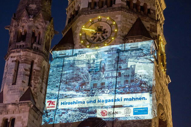 Berlin, light projections at the Kaiser Wilhelm Memorial Church Remembering Hiroshima and Nagasaki