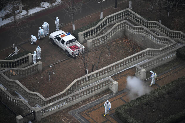Coronavirus in China, Desinfektion Wohngelände Ronghui im Daxing Unterbezirk Tiangongyuan in Peking