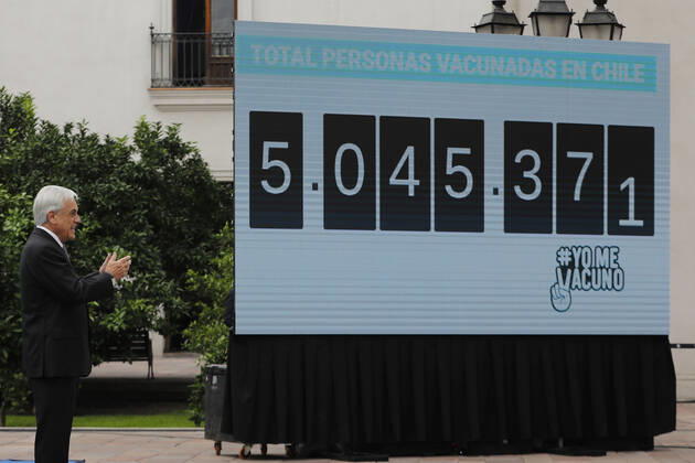 Coronavirus in Chile, Präsident Pinera vor Impf-Uhr in Santiago