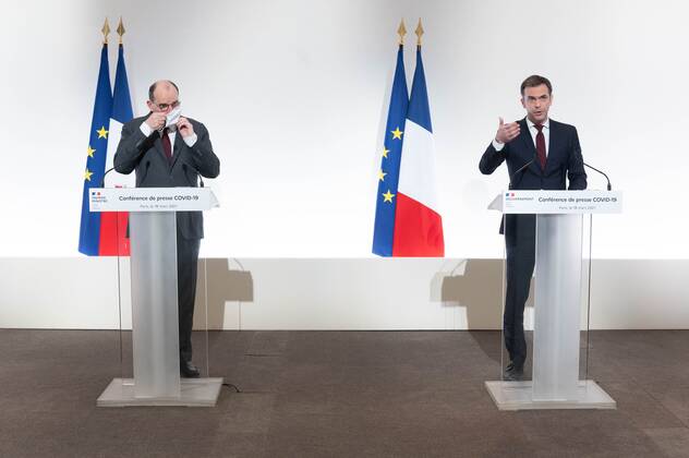Coronavirus in Frankreich, Jean Castex und Olivier Veran Pressekonferenz in Paris