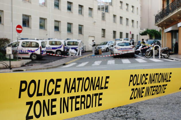 Terror in France, crime scene investigation after knife attack on police officer in Cannes