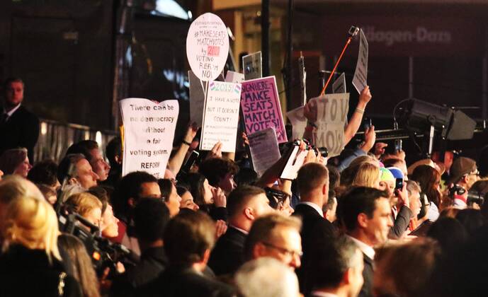 Feminists protest at the film premiere of Suffragette in London