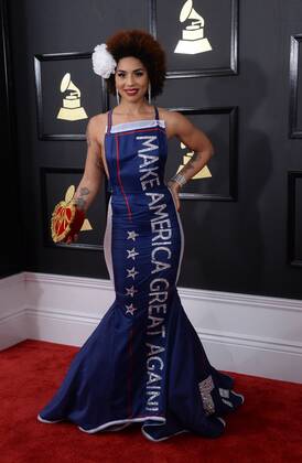 Grammy Awards in Los Angeles - Joy Villa in Trump-Robe on the red carpet