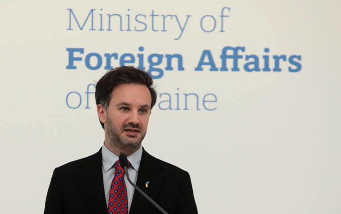 Ukraine, Heorhii Tykhyi Pressekonferenz zu den ukrainisch-polnischen Beziehungen in Kyjiw