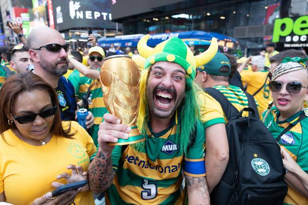 New York, Brazil fans celebrate in Times Square during the World Cup