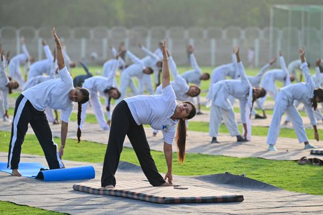 India: Yoga session ahead of the 12th International Yoga Day in Gurugram