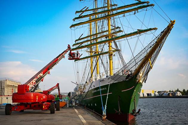 Germany, the sailing ship Alexander von Humboldt II at the shipyard in Bremerhaven