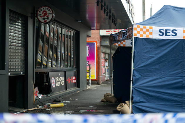 Australia, Melbourne, Footscray: Dragon Hot Pot’s shop front damaged following a collision with a vehicle