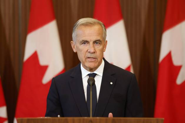 Kanada, Mark Carney bei Pressekonferenz zu neuen US-Zöllen auf dem Parliament Hill in Ottawa