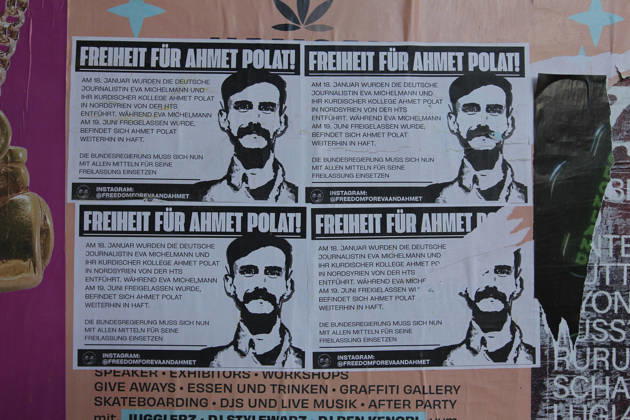Hamburg, posters from an initiative calling for freedom for Ahmet Polad in Syria