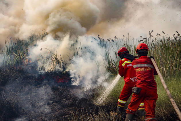 Indonesien, Feuerwehr löscht Torfbrand in Arisanjaya Village