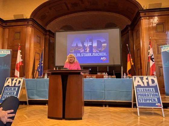 Berlin, Dr. Kristin Brinker während des AfD Bürgerdialogs in Treptow