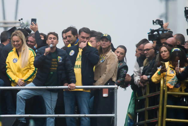 Brasilien, Kundgebung mit Flavio Bolsonaro in Sao Paulo
