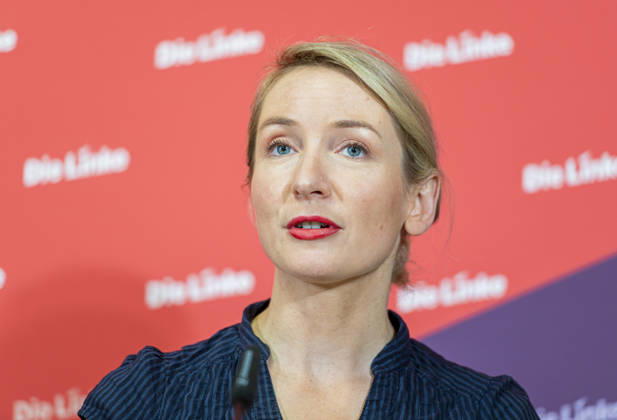 Berlin, Die Linke press conference with Ines Schwerdtner
