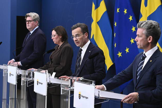 Schweden, Premierminister Ulf Kristersson bei Pressbriefing in Stockholm