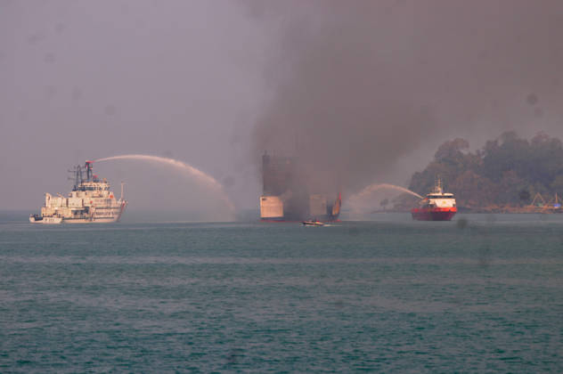 Indonesia: Fire-fighting operations on a ferry off the coast of Java