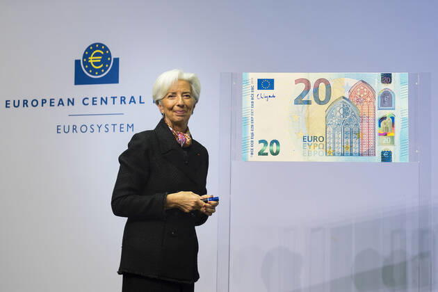 Frankfurt, New Euro Signature, ECB Head Christine Lagarde signs banknote