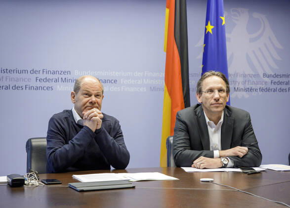 Coronakrise, Berlin, Olaf Scholz and Jörg Kukies during a video conference of the Euro Group