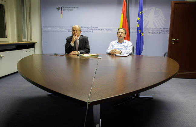 Berlin, Olaf Scholz and Jörg Kukies take part in a video conference of the Euro Group