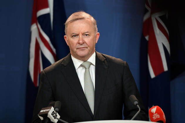 Coronavirus in Australien, Anthony Albanese während Pressekonferenz in Sydney
